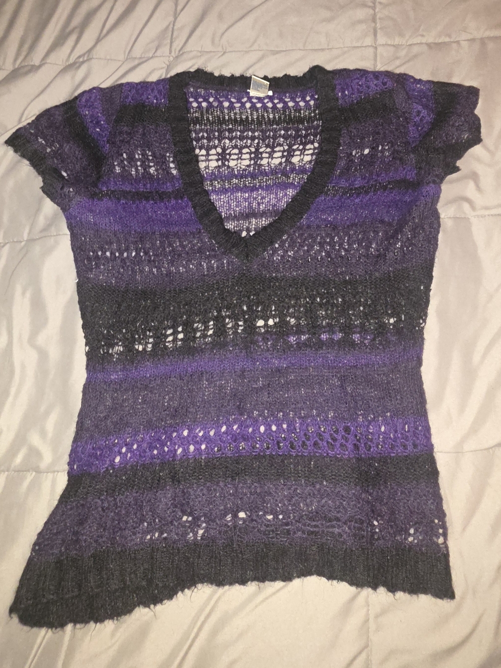Maurices Purple and Black Striped Open-Knit V-Neck Sweater